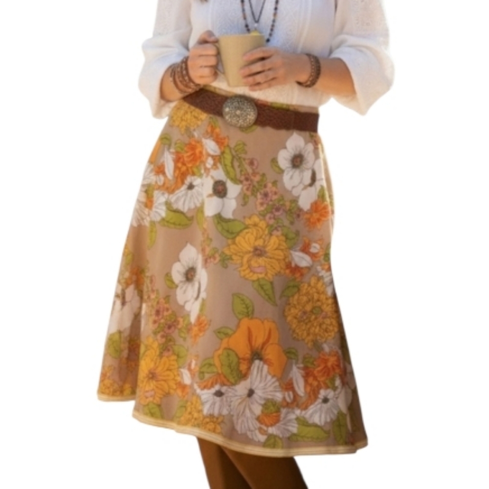 Vintage Retro 70s Floral A-Line Skirt Orange Green Boho Size 14-20W - Picture 2 of 5